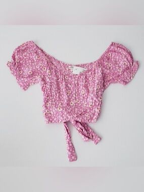 Derek Heart Junior's Floral Crop Top M Pink Puff Sleeve Tie Front Cottage Core